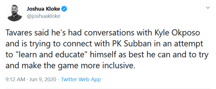 Screenshot_2020-06-09 Joshua Kloke on Twitter Tavares said he's had conversations with Kyle Okposo and is trying to connect[...]