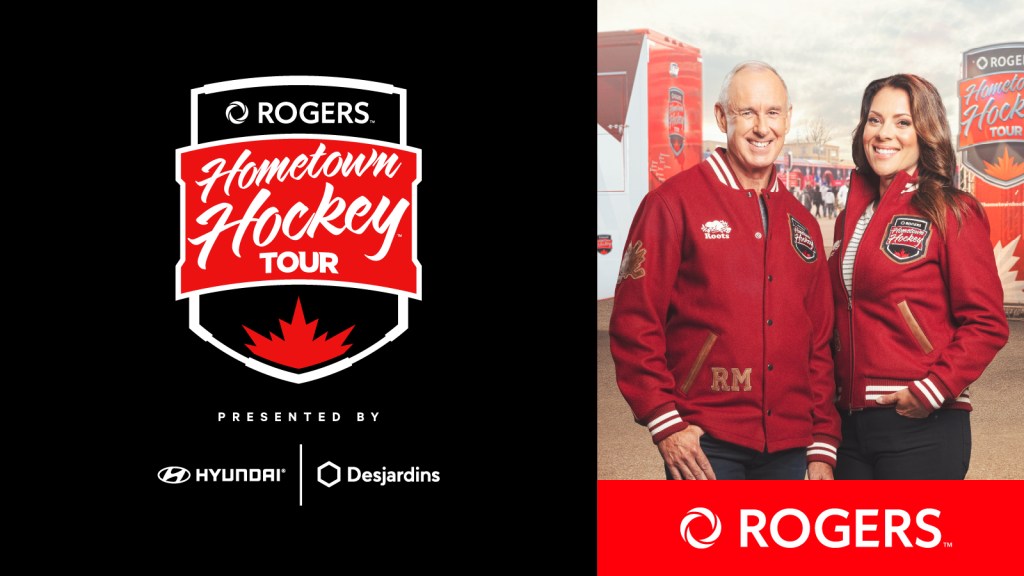 Hosts Ron McLean and Tara Slone with logos of Hometown Hockey, Rogers, Hyundai, and Desjardins.